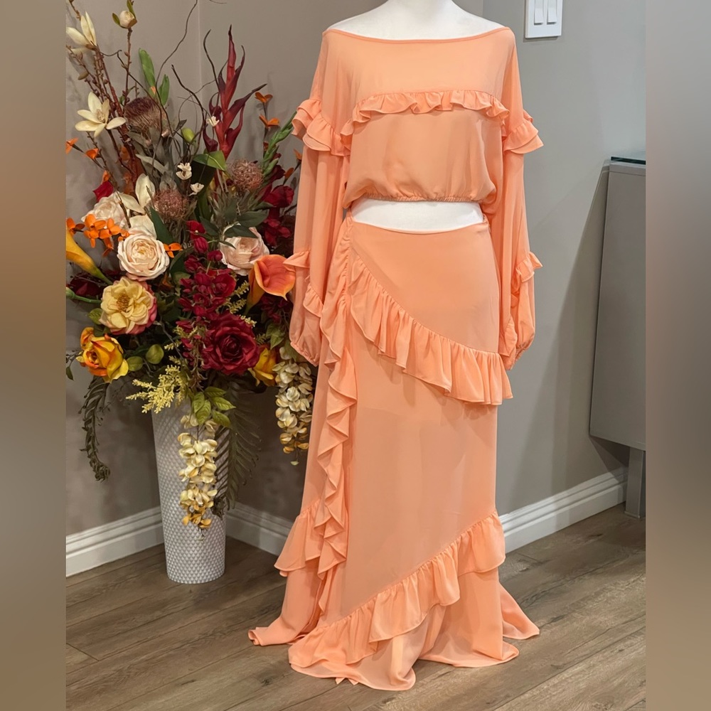 NWOT Ruffled Peach top and skirt Size M